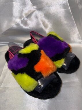 Fluffy Yeah Multicolor Slide Sandals - Neon Purple, Orange & Yellow